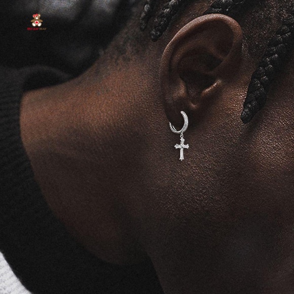 Sterling Silver Mens Cross 18k Gold Vermeil Hoops Earrings. - Picture 5 of 6